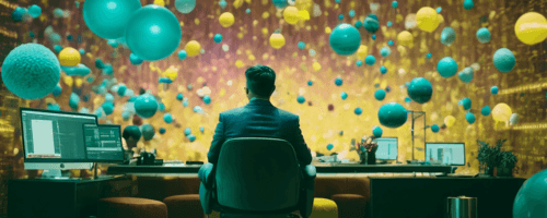 a man in a suit sits backwards on a chair and stares at the monitors and there are abstract colorful balls in the background