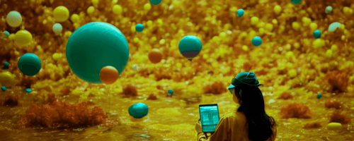 A woman sits in an armchair and looks at a tablet. balls of various sizes fly around