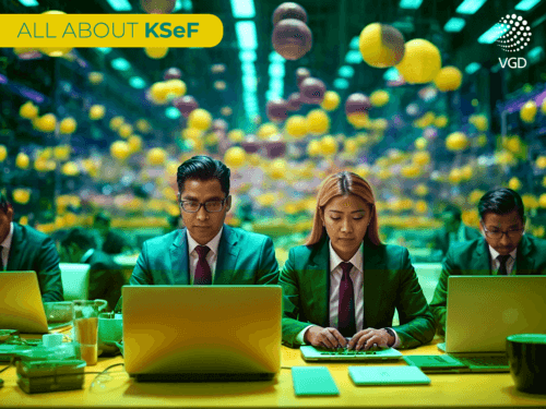 man and woman are wearing shirts and suits sitting at the desk in front of laptops and working, abstract 3D background with spheres