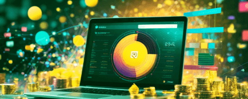 a laptop with charts on the screen surrounded by an abstract yellow and turquoise background and stacks of gold coins lying next to it